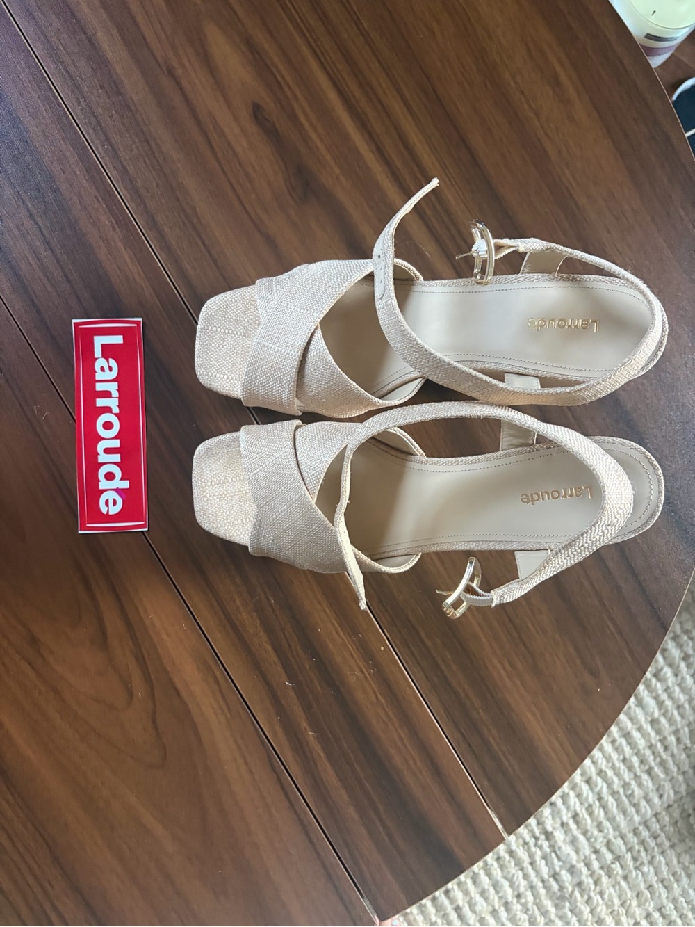 Larroude Neutral Beige Strappy Block Heel Sandals